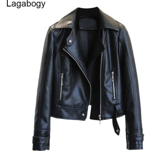 Lagabogy New Spring Autumn Women PU Faux Leather Jacket Female Slim Black Rivet Zipper Motorcycle Pink Coats Turn-Down Collar