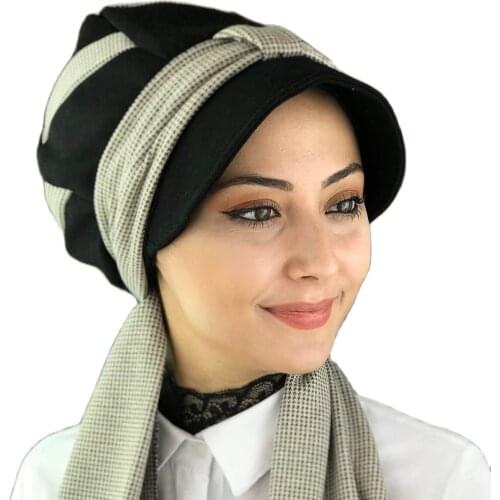 Islamic Fashion Muslim Women Hijab 2021 Trend Single Size Bathing Cap Beret Ready Shawl Scarf Buckle Hat Black Biritli Hijab Hat