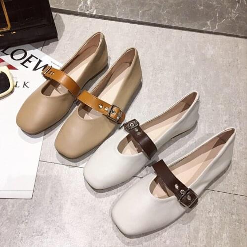 New leather granny shoes womens flat sole shoes retro square head versatile Mary Jane shoes bean shoes