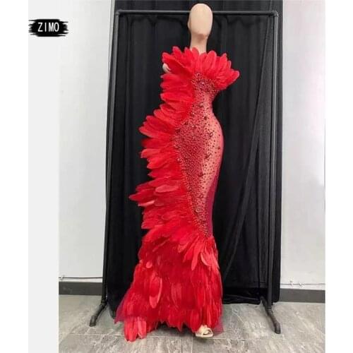 Luxury Red Crystal Evening See Through Mesh maxi Dress Women Halter Rhinestones Feather Sexy Party designer dresses runway stage