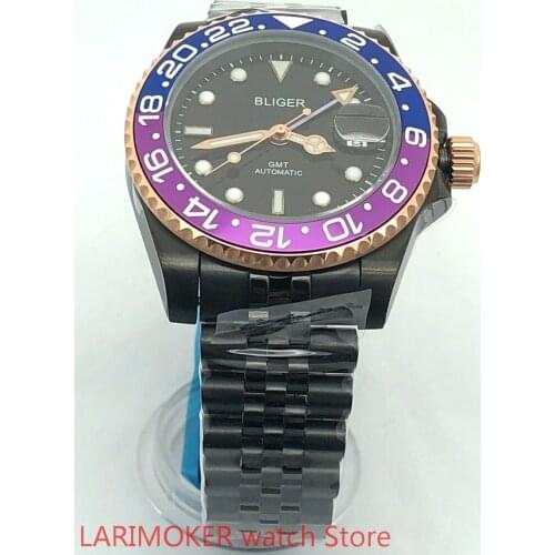 Bliger 40mm luxury watch black dial saphire glass blue and purple spin Bezel GMT Automatic movement luminous mens watches