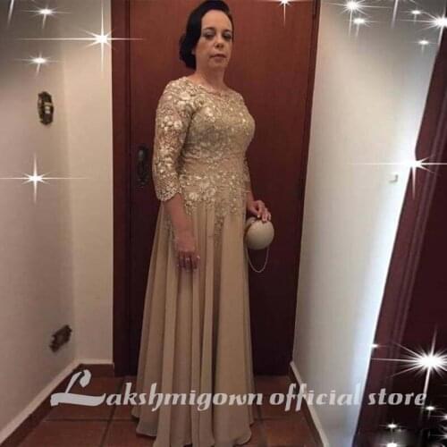 Lakshmigown Champagne A Line Mother of the Bride Dresses with Three Quarter Sleeve Pleat Chiffon Evening Dress Chiffon Prom Gown