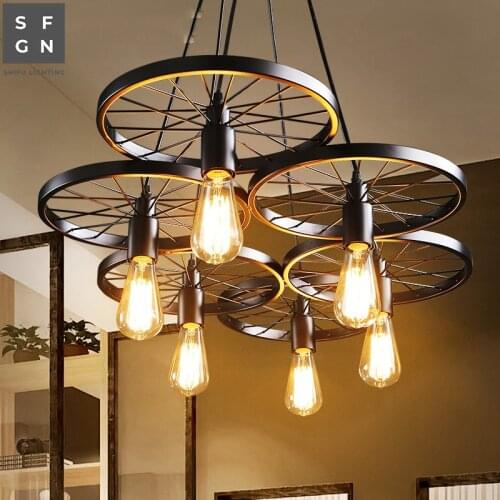 Modern Industrial Chandelier Lighting LED Wheel Chandeliers Loft Iron for Dining Room Office Cafe