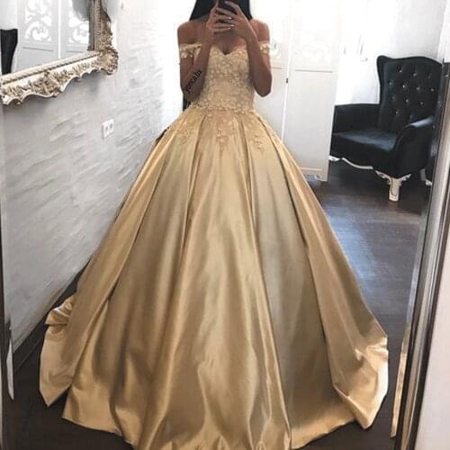 SuperKimJo Gold Prom Dresses Ball Gown 2020 Off the Shoulder Elegant Satin Lace Applique Prom Gown Vestido De Graduacion