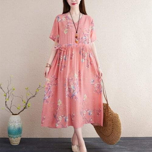 Thin Soft Cotton Print Floral Dress 2021 New Arrival Loose Women Casual Summer Travel Style Midi Dress Office Lady Work Dress