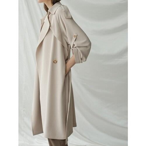 Womens Turn-down Collar Long Sleeve Trench Coat Cardigan with Belt Mid-length Loose Overcoat Fashion Chic Windbreaker Femme