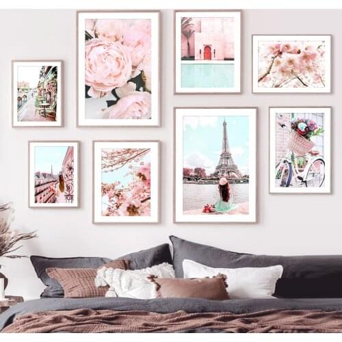 Cherry Peony Paris Tower Girl Street Wall Art Canvas Painting Nordic Posters And Prints Wall Pictures For Living Room Home Decor