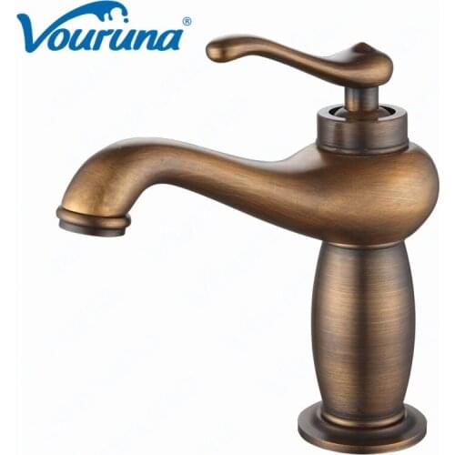 VOURUNA Antique Brass Single Hole Basin Faucet Bathroom Sink Mixer Taps