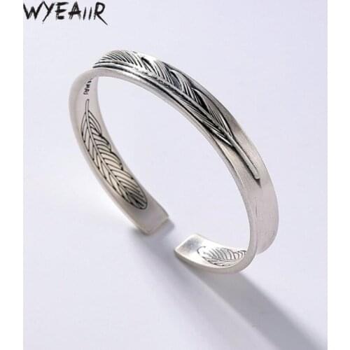 WYEAIIR Retro Thai Silver Fashion Feather Exquisite Wild 925 Sterling Silver Female Resizable Bangles