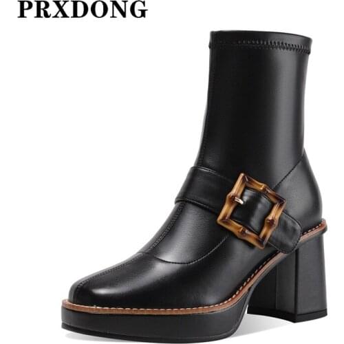 New Autumn Women Boots Chunky High Heels Platform Black Beige Shoes Woman Dress Party Working Shoes Stretch Boots Size 34-39
