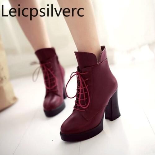 Womens Boots Autumn And Winter new style Round head Lace-Up Thick Square heel eel zipper short Boots 34-39 boots women