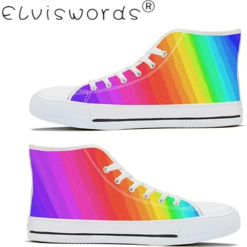 ELVISWORDS Women Vulcanized Shoes Rainbow Gradient Color Printed Shoes Spring White Canvas Lace-Up Sneakers Fashion Walk Shoes