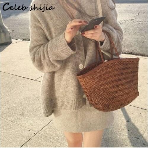 SHIJIA Oatmeal Knitted Cardigan Women V-neck Autumn Winter 2021 Korean Woolen Jacket Open Sweater Long-sleeve Sweet Jacket Fall