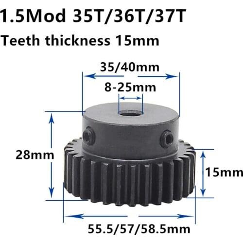 1.5M 35T 36T 37T High frequency blackening Spur Gear pinion teeth width 15mm 1.5mod gear rack 35teeth bore 8-25mm