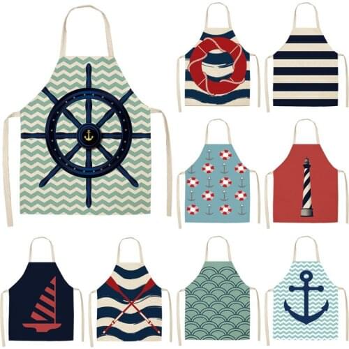 1Pcs Marine Anchor Nautical Ocean Pattern Kitchen Chef Apron for Woman Cotton Linen Aprons Home Cooking Baking Bibs 53*65cm