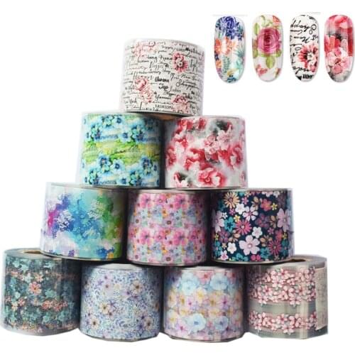 10Roll Colorful Flower Sticker Nails Foil 50M*4CM Gradient Starry Sky Transfer English Letter Sliders Nail Art Decals Decoration
