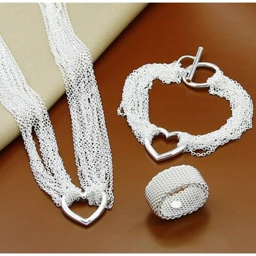 925 Sterling Silver Multi-Chain Heart Necklace Bracelet Ring Set For Women Wedding Engagement Party Fashion Charm Jewelry Gift