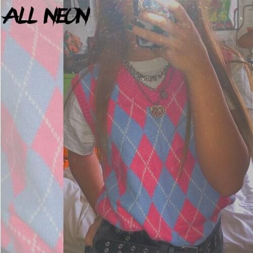 ALLNeon Y2K Aesthetics Argyle Plaid V-neck Knitted Tank Tops E-girl Vintage Sleeveless Loosed Pink Vests Sweater School Outfits
