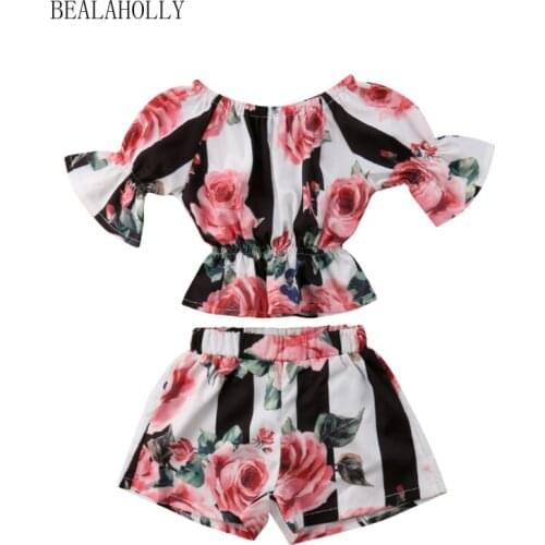 Bealaholly Summer Childrens Set INS European and American Style New Children Vertical Striped Large Flower Set Outfit Sets