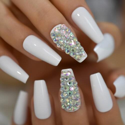 Handmade White 3D Shiny Holo Gems Crystal Coffin Ballet False Nail Press on Ballerina Fake Nails Tips Easy Wear 24pcs/set