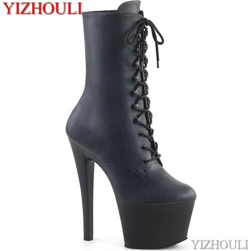 Shiny PU ankle boots, 17cm high-heeled shoes with round head, sexy pole dancing shoes on the nightclub stage