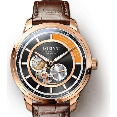 LOBINNI mens wrist watches,men automatic watch 50m waterproof mens mechanical wristwatch Switzerland luxury clock skeleton