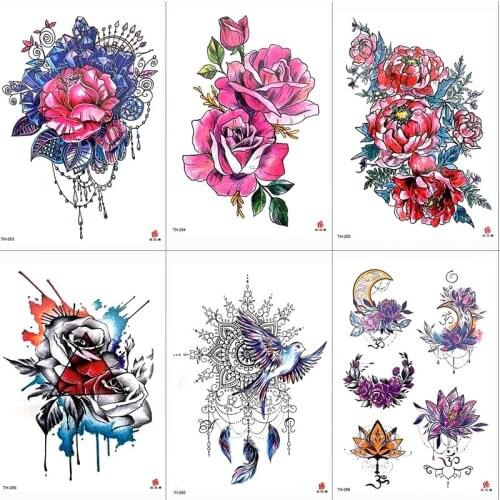 DIY Body Art Temporary Tattoo Colorful Rose Watercolor Painting Drawing Decal Waterproof Tattoos Sticker