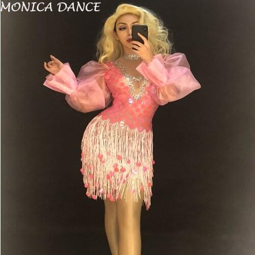 Women Sexy Stage Pink Net Yarn Dress Bling Sparkling Crystals Nightclub Party Stage Dance Wear Dancer Singer Costumes Dress