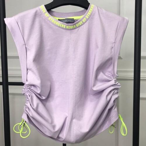 GIRLS KIDS AND YOUNG T-SHIRT YANLARI LASTİKLİ BÜZÜLEBİLİR 2021 SUMMER MODASI LILA COLOR NEON WRITING DETAIL FASHION TOP CLOTHING