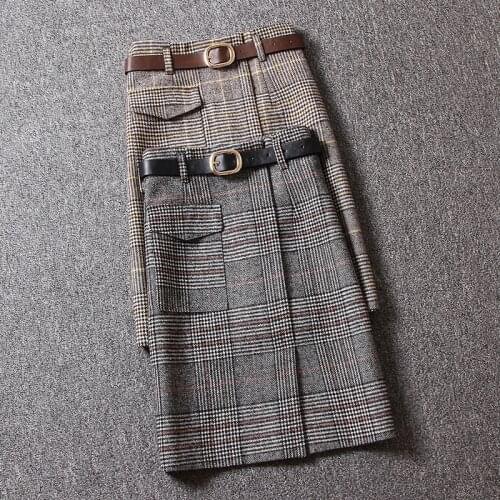 JuneLove autumn plaid women wool skirts fashion vintage slim lady elegant straight skirts casual street fashion female bottoms