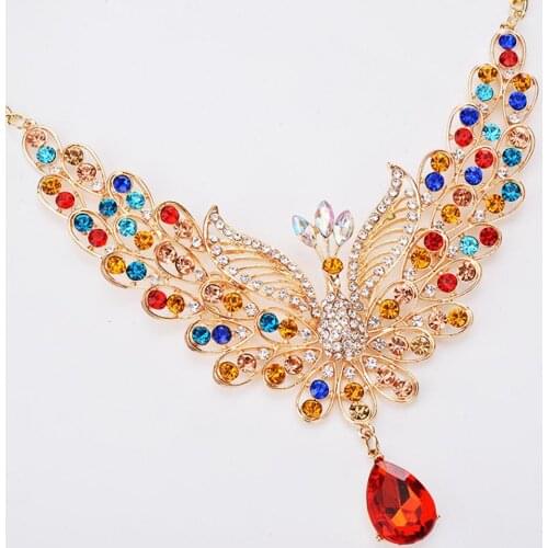 Retro Multicolor Rhinestone Hollow Peacock Bib Necklace Ear Studs Jewelry Set new