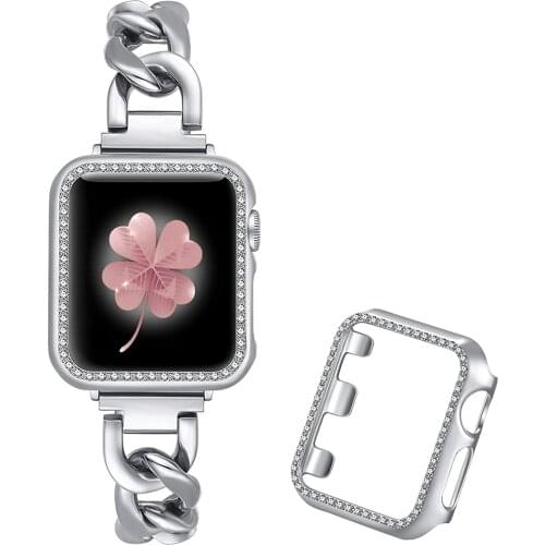 Chain Metal Link Bands for Apple Watch Band 38mm 40mm 42mm 44mm with Bling Case Stainless Steel Strap for Iwatch SE 6 5 4 3 2 1