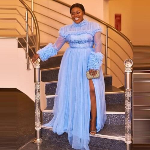 Sky Blue Dresses For Women A-line Side Slit Lace Appliques Long Sleeves With Ruffles Plus Size Evening Prom Party Gowns