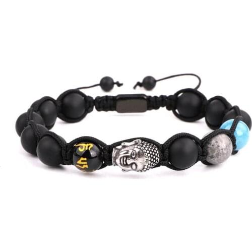 New Design Tibetan Buddhism Style Matte Black Onyx Beaded Buddha Head Charm Cord Woven Bracelet Adjustable Men
