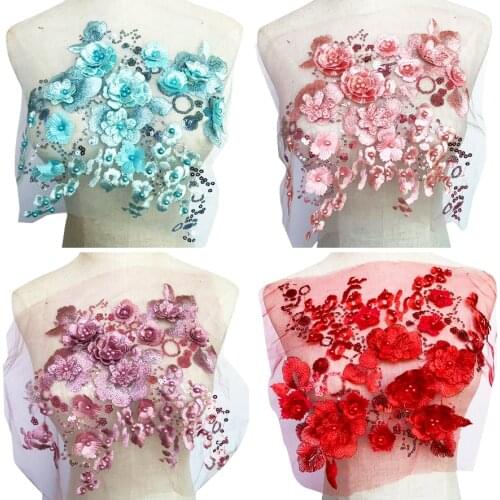 Sequins Flower Mesh Lace Trims Appliques Sew On Patches Embroidery For Wedding Dress DIY Decoration Accessories