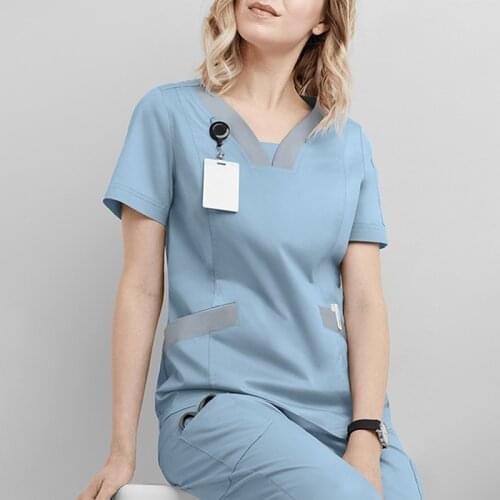 S-3XL 4Colors V-Neck Solid Short Sleeve Nurse Working Uniform Women Summer Health Scrub Workers Tops
