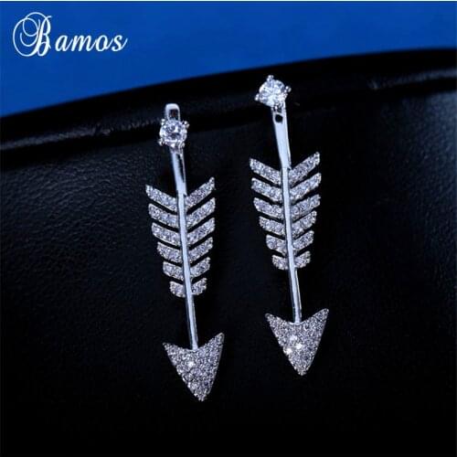 Bamos Silver Color Arrow Stud Earrings Cubic Zirconia Double Long Earrings For Women Girls Fashion Wedding Jewelry Best Gift