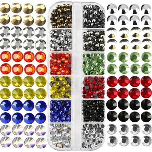 Mixed Color Glass Crystal Rhinestones/ 12 Grid Hot Fix Rhinestone Clear Quality Flatback Rhinestones for Clothes Decorations DIY