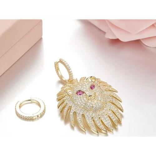SOELLE 925 Sterling Silver Yellow Gold Color Full Cubic Zirconia Asymmetry Red Eyes Lion Head AB Earrings Women Brand Jewelry