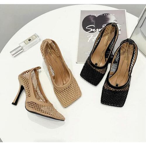 Vintage Square Toe Stretch Pumps Women Gold Chain High Heels Shoes Women Air Mesh Designer Womens Shoes Drop Shipping
