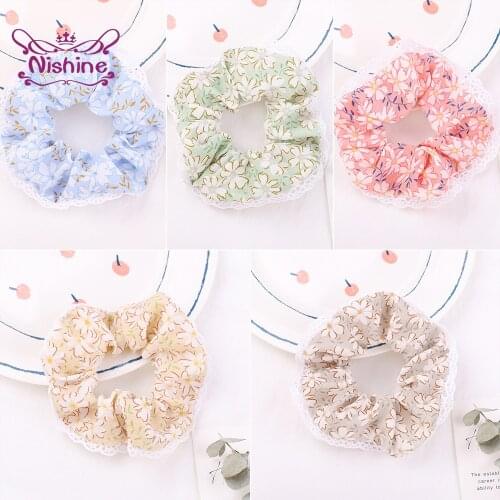 Nishine Women Vintage Floral Pattern Large Intestine Hair Rope Fashion Print Elastic Hairband Girl Ponytail Headwear Photo Props