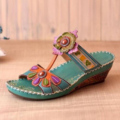 YourSeason Women 2021 New Summer Flower Retro Slippers Genuine Leather Slides Handmade Ladies Hand Painted Wedges Slippers