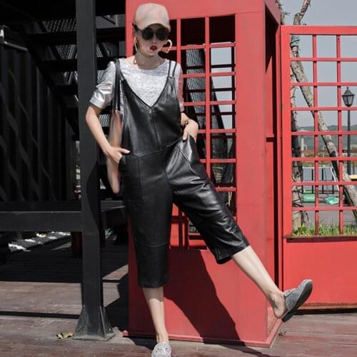 Women Black Loose Real One Piece Casual V-Neck Sleeveless Genuine Leather Jumpsuits Wide Leg Rompers Female