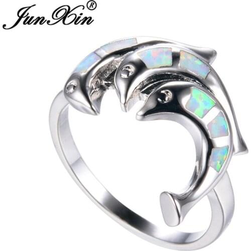 JUNXIN Lovely White Fire Opal Dolphin Rings For Women Silver Color Animal Jewelry Engagement Bands Christmas Gifts