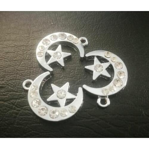 100PC/lot About 20x15mm Silver Color Rhinestones Moon Star Pendant Hang Charms DIY Jewelry Findings