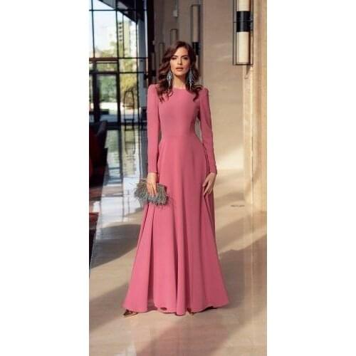 Elegant Muslim Long Sleeve Chiffon Evening Dresses with Pockets Pleated Pink Floor Length Formal Party Dresses for Women