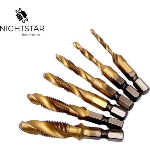 Krachtige 6pcs 1/4" Hex Shank Drill and Tap Bits Thread M3-M10 Titanium Coated Taps Woodworking Drill Bits Hand Tools