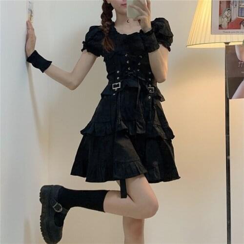 Harajuku Cool Girl Streetwear Soft Girl Dresses Vintage Square Collar Cute Puff Sleeve Bandage Bow Sweety Ruffles Cupcake Dress