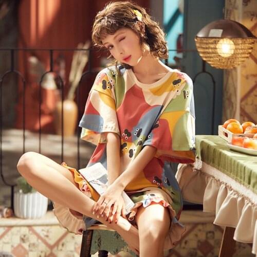Summer And Autumn Cotton Short Sleeve Lovely Household Pajamas Set