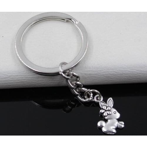 Fashion 30mm Key Ring Metal Key Chain Keychain Jewelry Antique Bronze Silver Color Plated Double Sided Rabbit 18x10mm Pendant